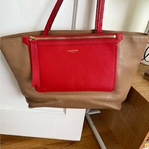 Lanvin Red and Tan Leather Shoulder Tote with Front Pocket
